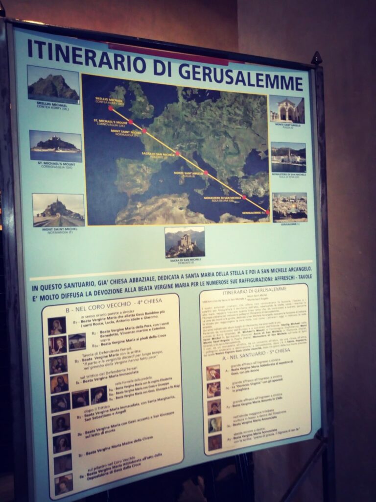 Carte de la ligne de Saint-Michel reliant plusieurs sanctuaires de l’archange Michel d’Irlande à l’Italie, dont le Mont-Saint-Michel et la Sacra di San Michele.