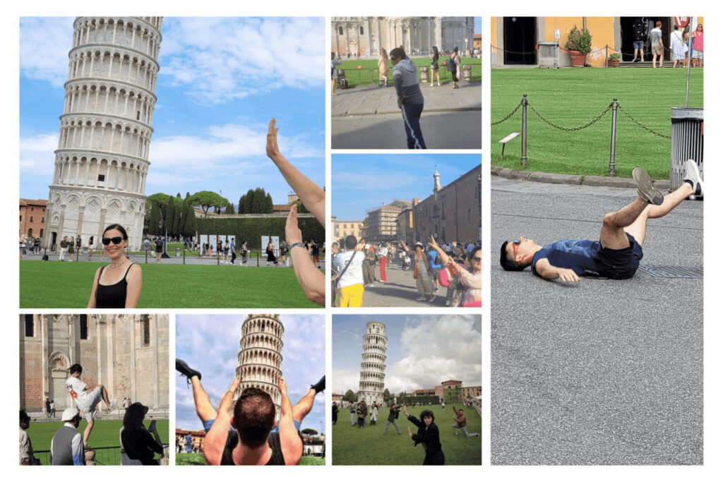 Montage humoristique de touristes posant devant la tour de Pise