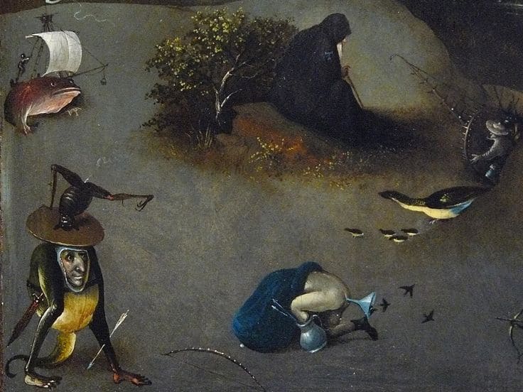 Peinture de Bosch évoquant la mise en scène grotesque des touristes devant la tour de Pise