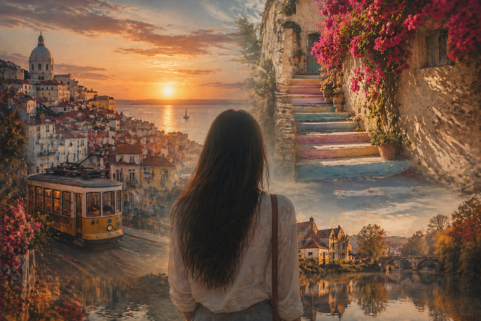 collage onirico di viaggio con donna di spalle e paesaggi sovrapposti, rappresentazione della scrittura di viaggio lenta