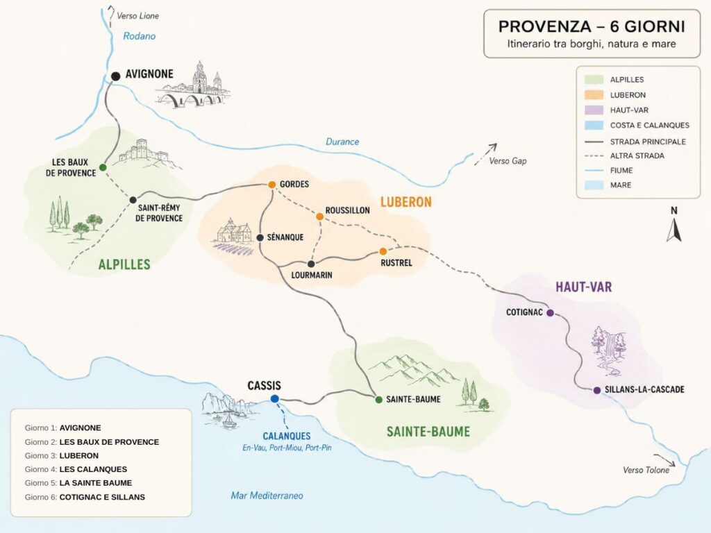 Mappa itinerario Provenza 6 giorni tra Avignone Luberon Les Baux e Calanques