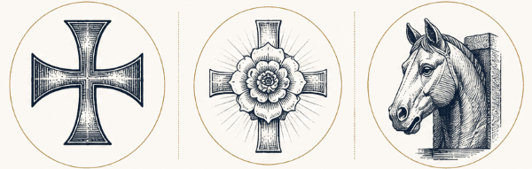 Illustration de symboles de la Quinta da Regaleira : croix, Rose-Croix et tête de cheval